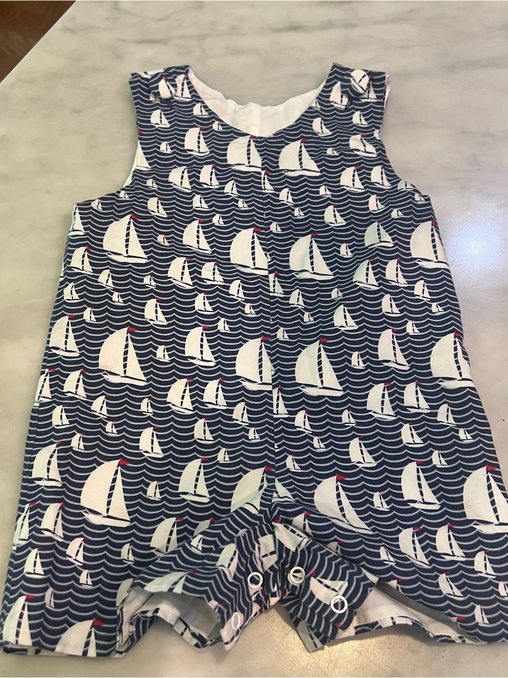Delaney Red white and blue Sailboat Print Baby Romper Jon Jon 18M.